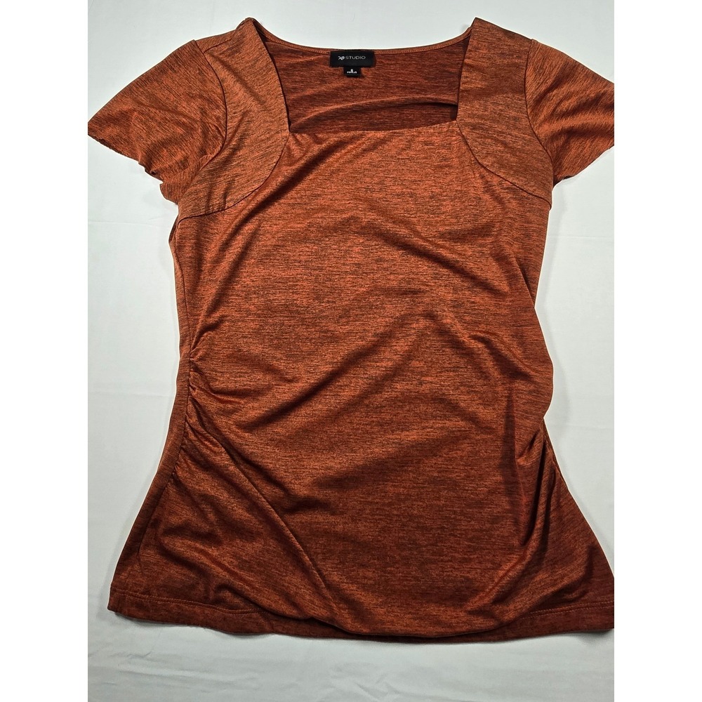 AB Studio Womens Rust Orange Heathered Square Neck Ruched Short Sleeve Top Small